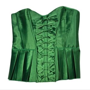Vibrant Green Satin Pleated Peplum Corset Top Lace Up Back Bow Detail Medium